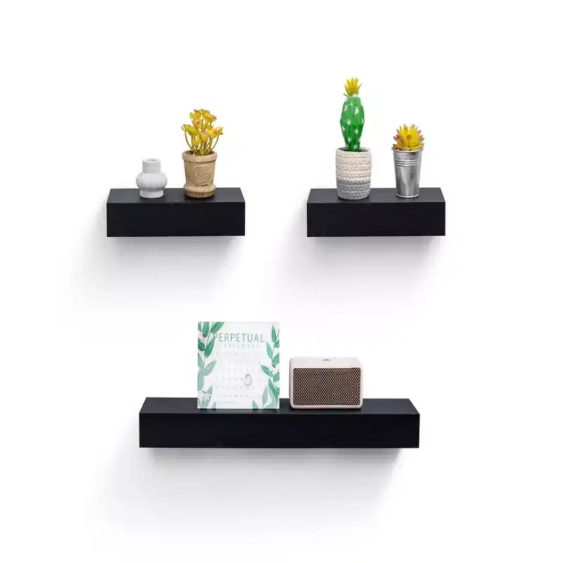 23.6 Black Floating Shelf C invisible-bracket wood wall mount, perfect bathroom/bedroom/kitchen dcor or book/plant display, easy install.