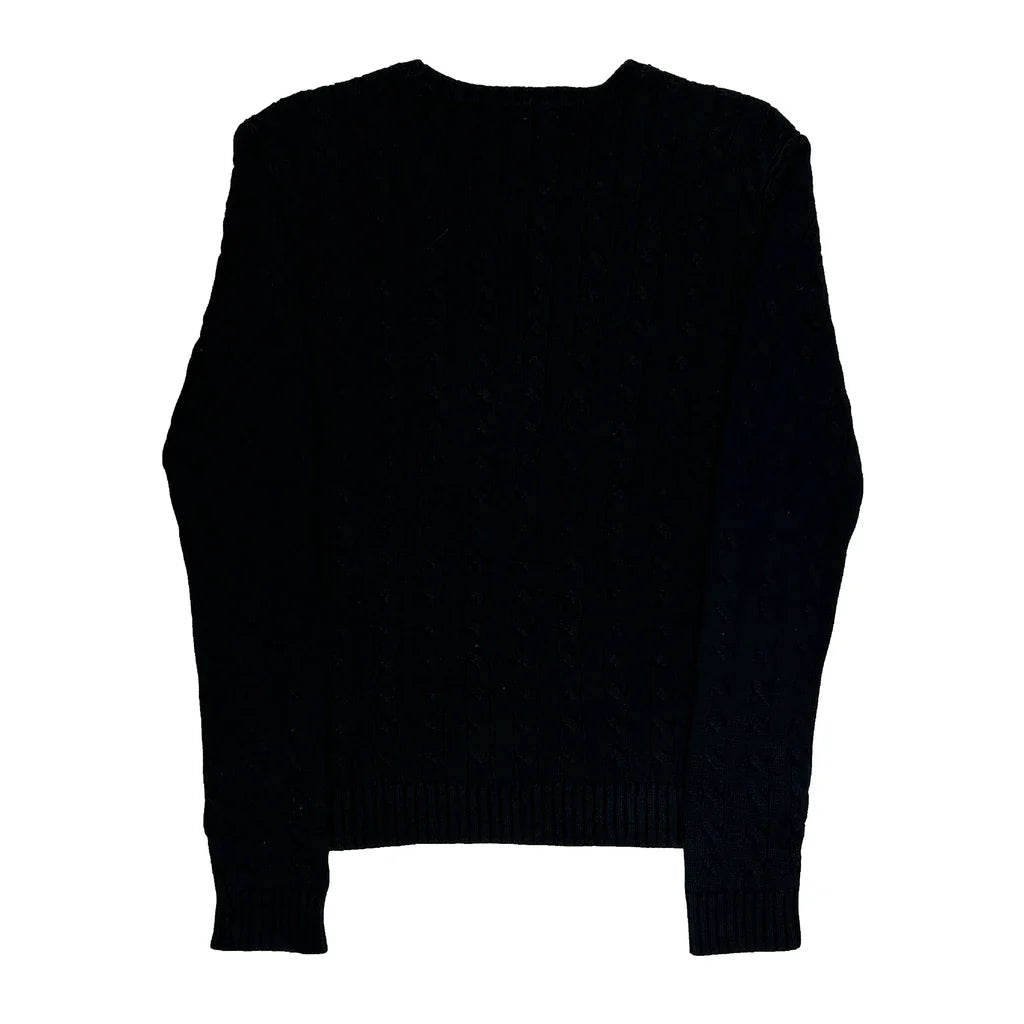 Cable Knit Long Sleeve Crew Neck Top - Medium Black Cotton