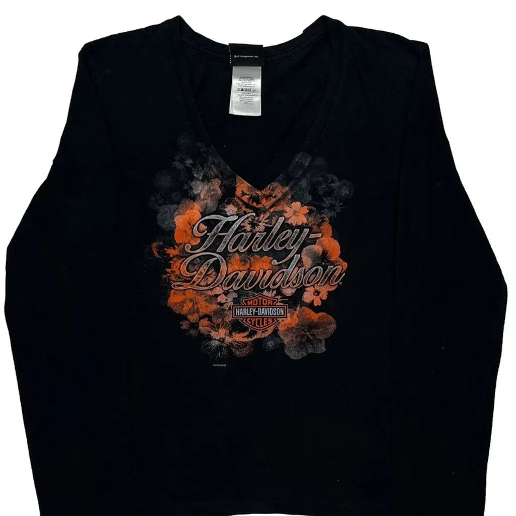 Women's Black Graphic Long Sleeve V-Neck T-Shirt Regular Fit Cotton