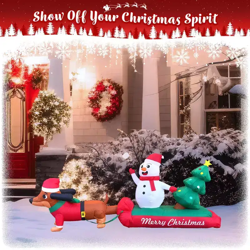 G128 10 ft L Dachshund Snowman with Christmas Tree Inflatable Decor with LED Lights