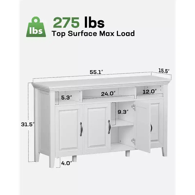 55 Large Sideboard Buffet Cabinet with 4 Doors & Adjustable Shelves, White Farmhouse