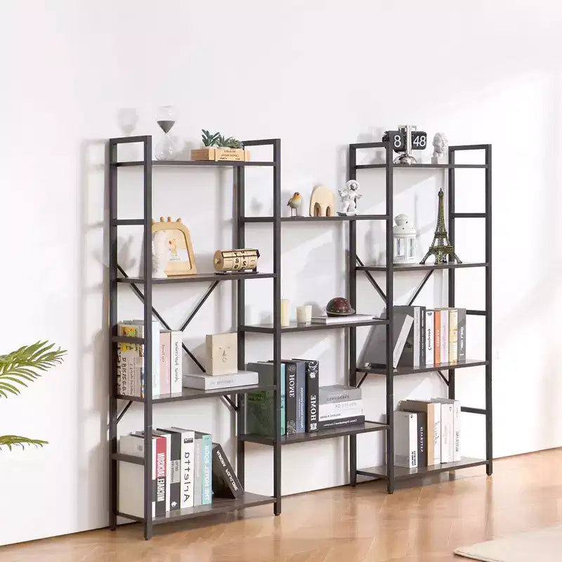 11-Tier Industrial Triple Metal Bookshelf �C Large Rustic Vintage Freestanding Bookcase