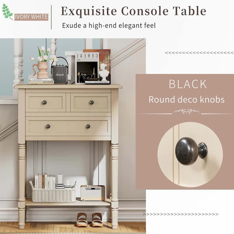 Narrow Console Table with Drawers and Bottom Shelf