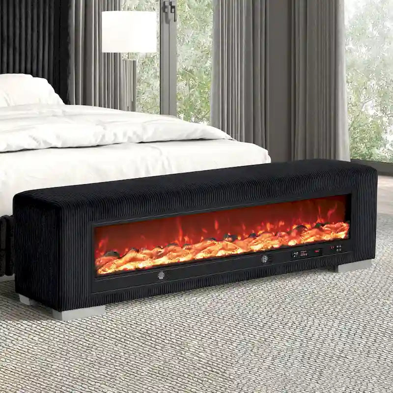 Chenille Bench with Fireplace Simulator and Bluetooth Audio