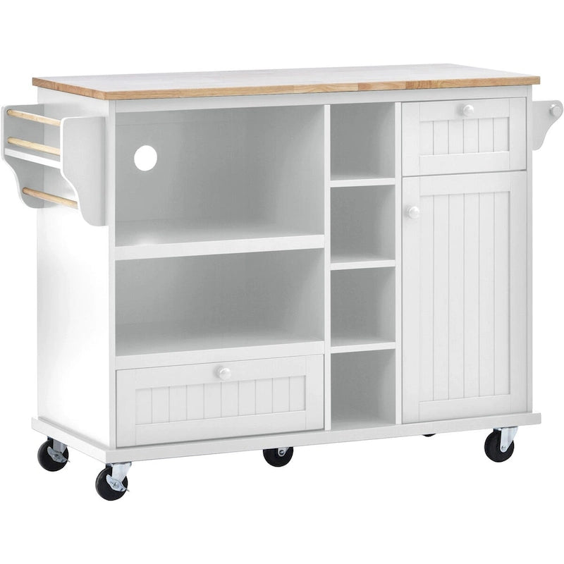 Rolling Kitchen Island Cart with Open Shelves Drawers Cabinet and Microwave Space