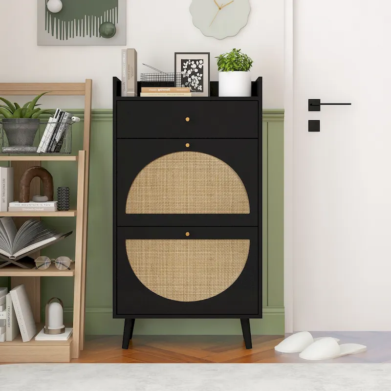 Rattan 2-Door 1-Drawer Cabinet & Shoe Rack | Entryway Storage Organizer