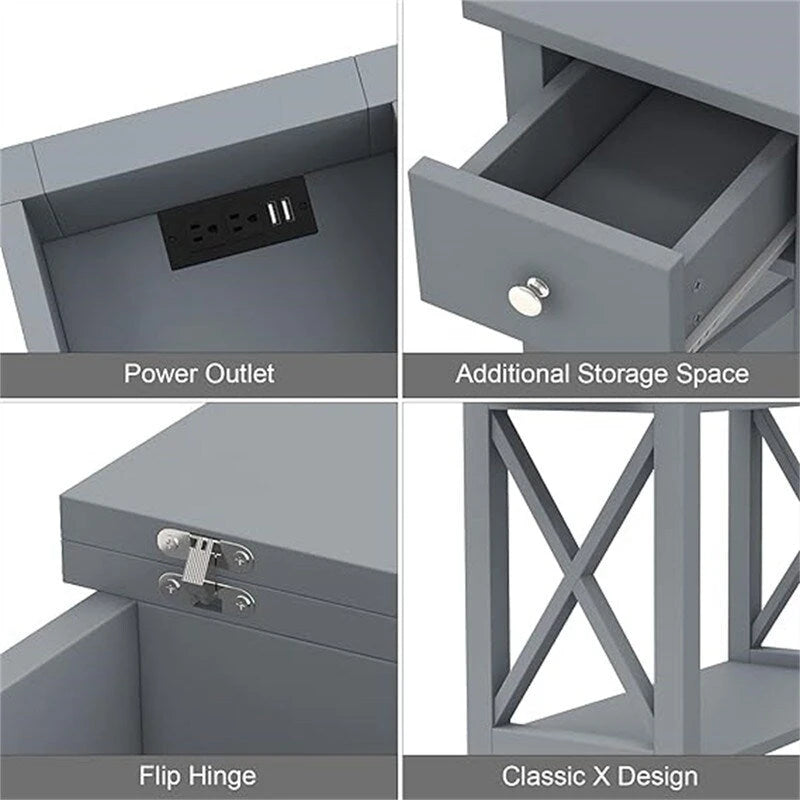 Narrow End Table with Flip Top Drawer and Charging Station