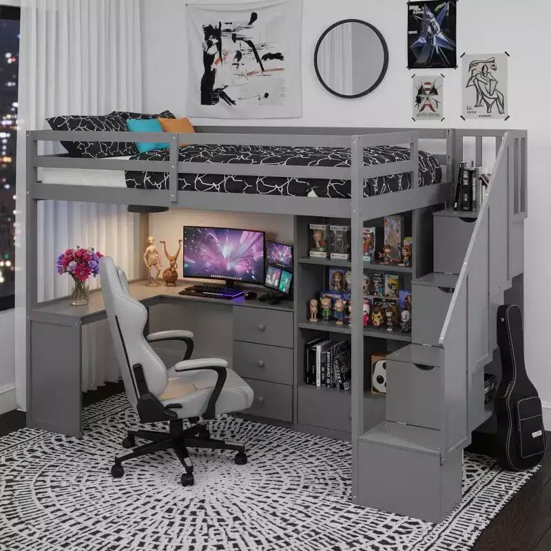 Whisen 94.4''L*57.4''W Wood Loft Bed with L-Shaped Desk and Drawers, Cabinet and Storage Staircase