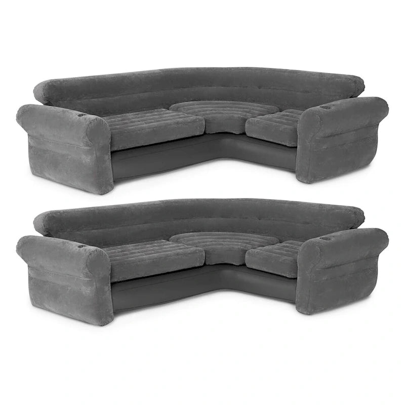 L-Shaped Inflatable Corner Sofa Lounge Couch with Cupholders, Gray, Set of 2