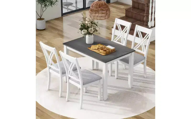 5-Piece Farmhouse Dining Set  4 X-Back Upholstered Chairs + 44.5in Solid Wood Table, 250 lbs Capacity, for Kitchen or Dining Room