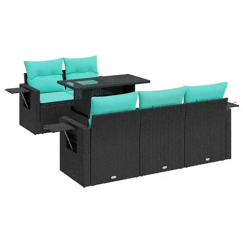 vidaXL 6 Piece Patio Sofa Set with Cushions Black Poly Rattan Acacia