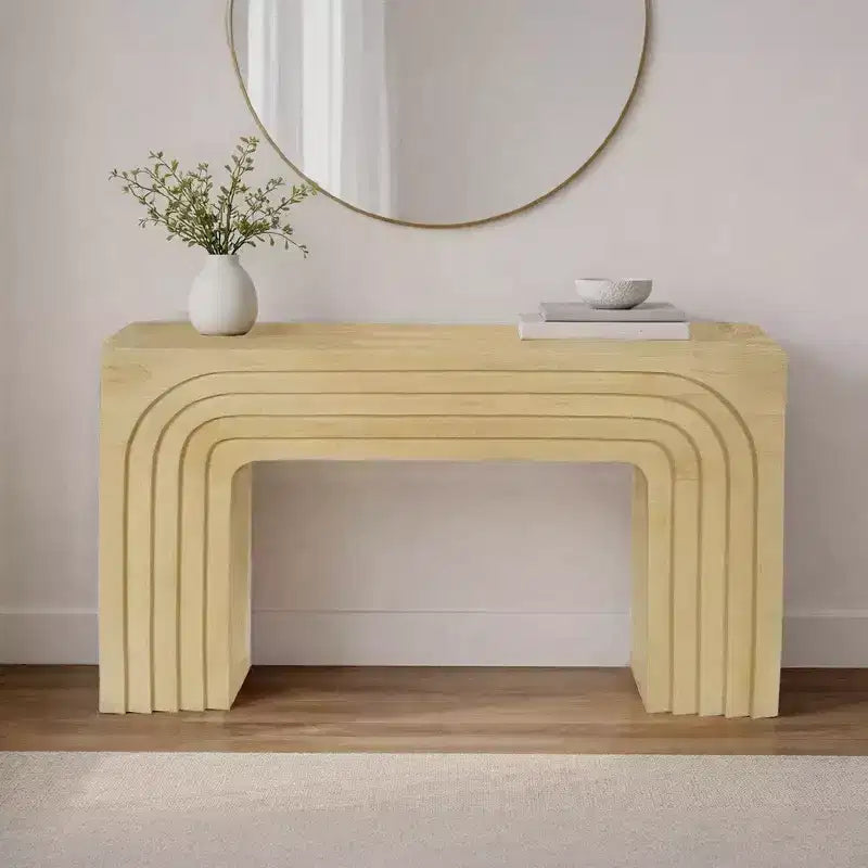 Royal Hampton Console Sofa Table, 53 Inch Sculpted Arch, Light Beige Mango Wood