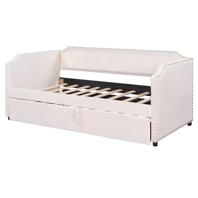 Zeus & Ruta Twin Velvet Upholstered Daybed with Pop Up Trundle & Nailhead Trim