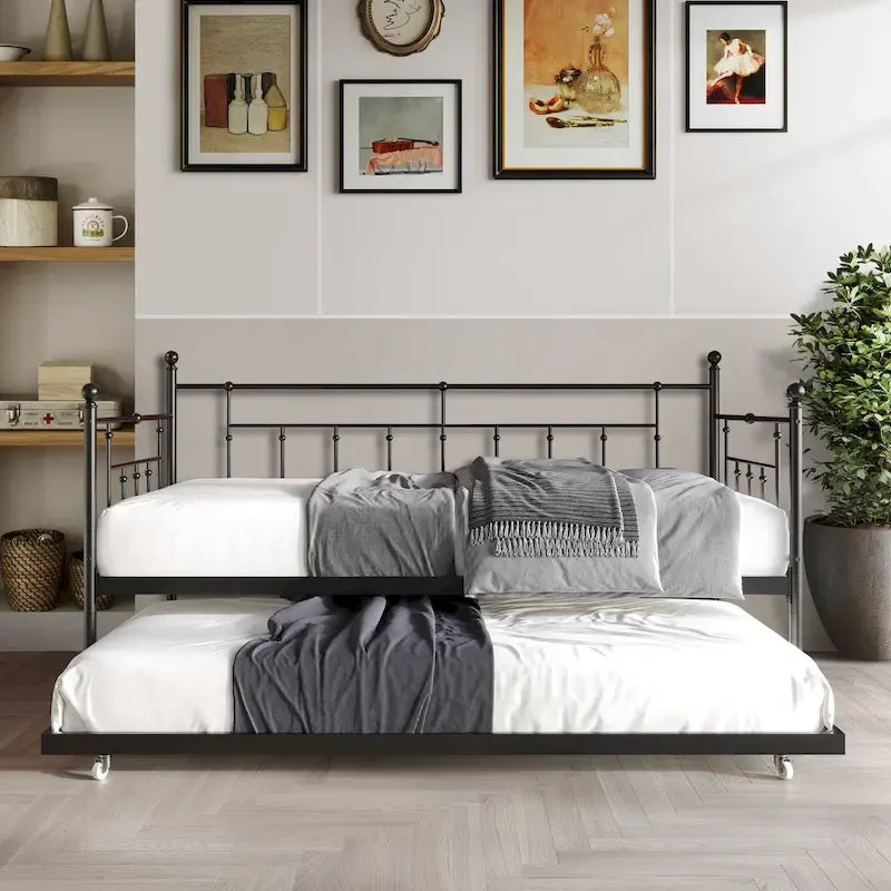 Victorian-Style Metal Twin Daybed with Roll-Out Trundle