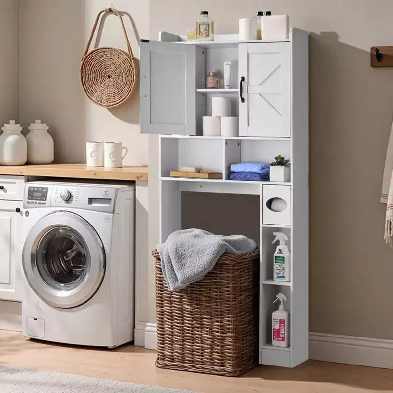 Over The Toilet Storage Cabinet 66 Inch Bathroom Organizer with Double Door Adjustable Shelf and Open Display Space White Freestanding