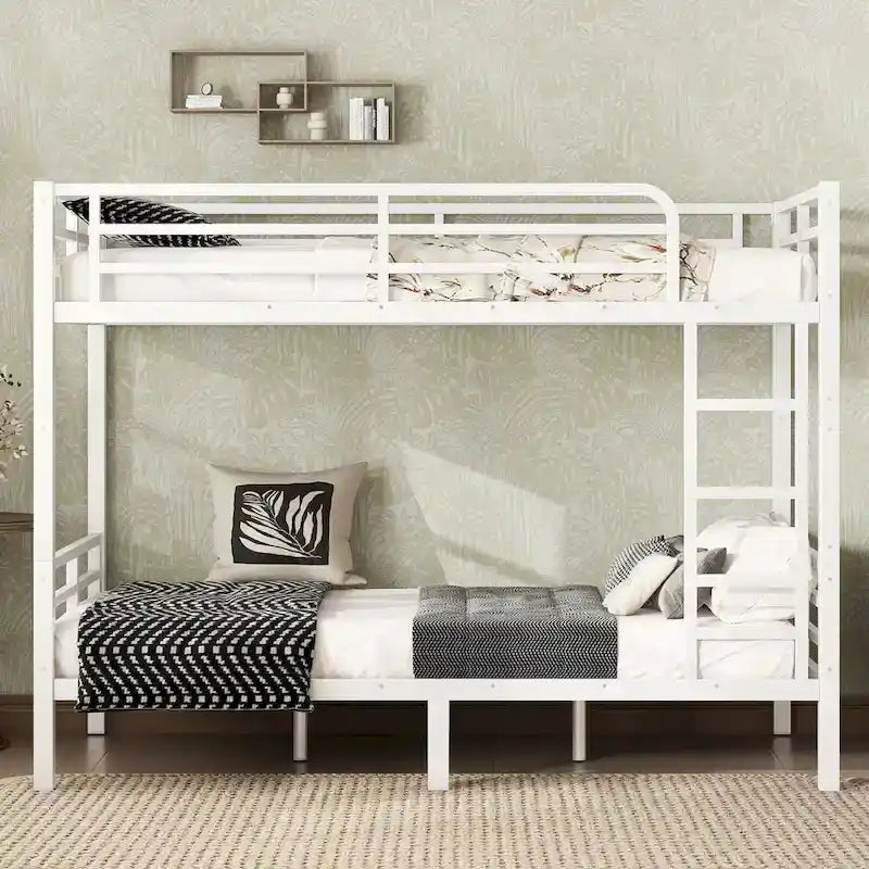 Metal Twin XL over Twin XL Bunk Bed for Teens and Adults �C Space-Saving, Noise Reduced, No Box Spring Needed, White