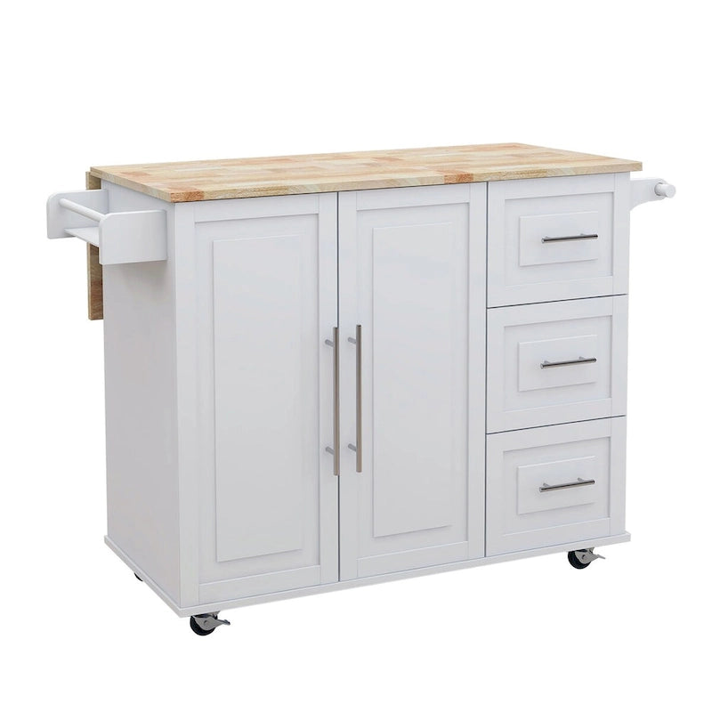 Rolling Kitchen Island Cart with Folding Top Drawers and Spice Rack