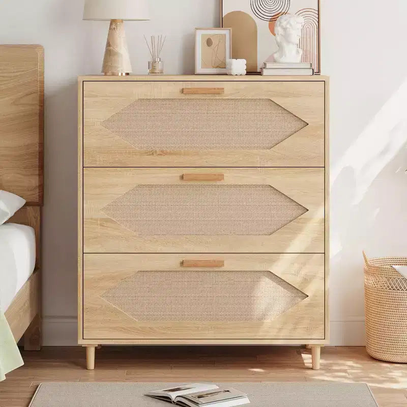 Garvee 3 Drawer Dresser for Bedroom, Rattan Front Chest of Drawers, Rustic Wood Nightstand Storage for Living Room Hallway