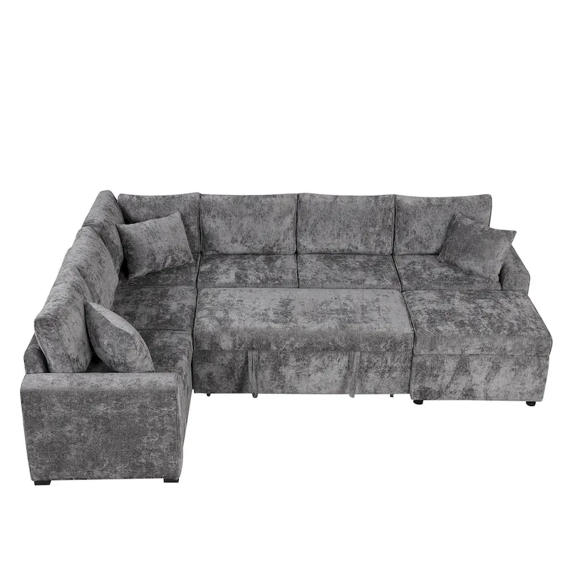 Chenille Sectional Sofa Pull-out Sofa Bed, L-Shape Sleeper Sofa with Storage Ottoman, 3 Pillows and Charging Devices