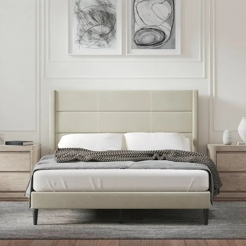 Upholstered Platform Bed with Wingback Headboard | Queen King Cal King