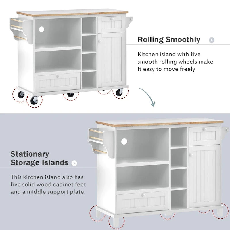 Rolling Kitchen Island Cart with Open Shelves Drawers Cabinet and Microwave Space