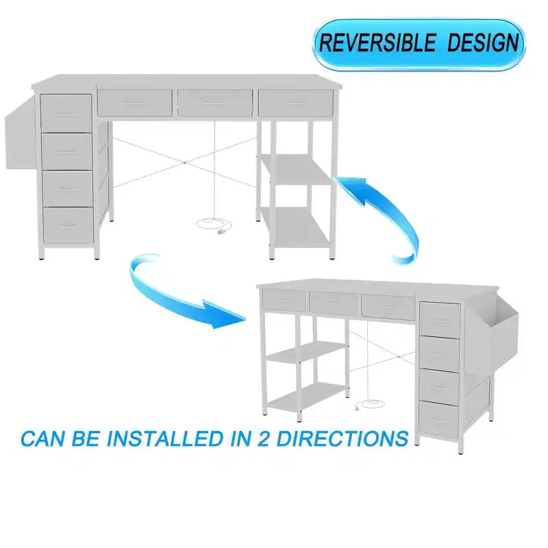 Modern Home Office Computer Desk with Drawers & Shelves, Writing Desk with Side Bag for Study & Office