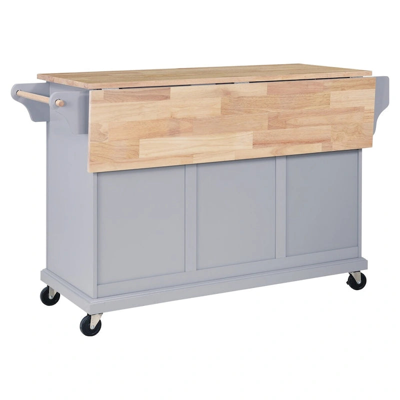 Grey Rolling Kitchen Island Cart with Natural Wood Top Drawers Cabinets and Spice Rack