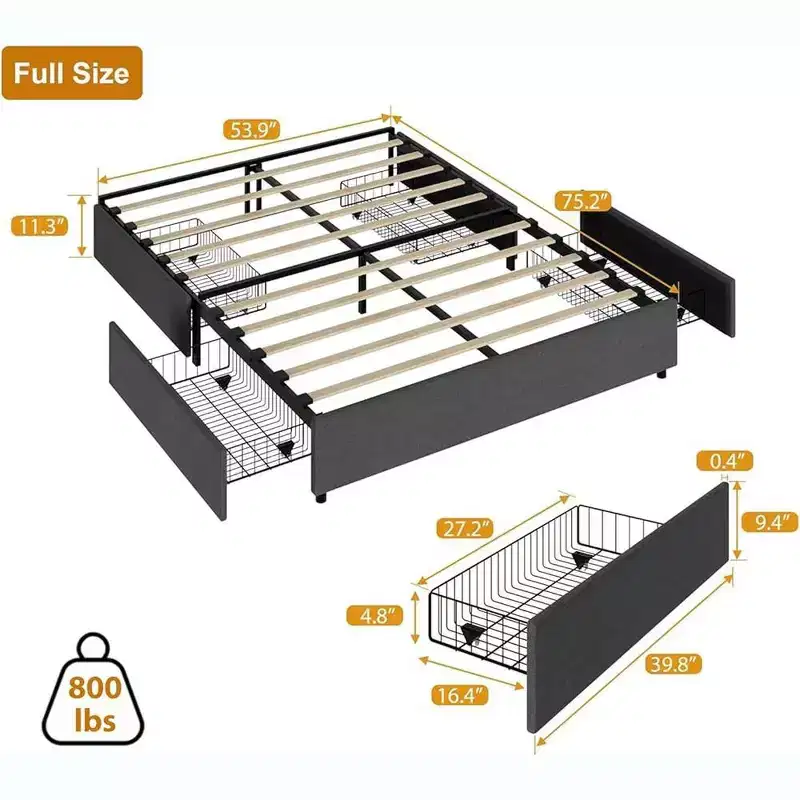 Upholstered Platform Bed Frame with 4 Storage Drawers, Wooden Slats, No Box Spring Needed