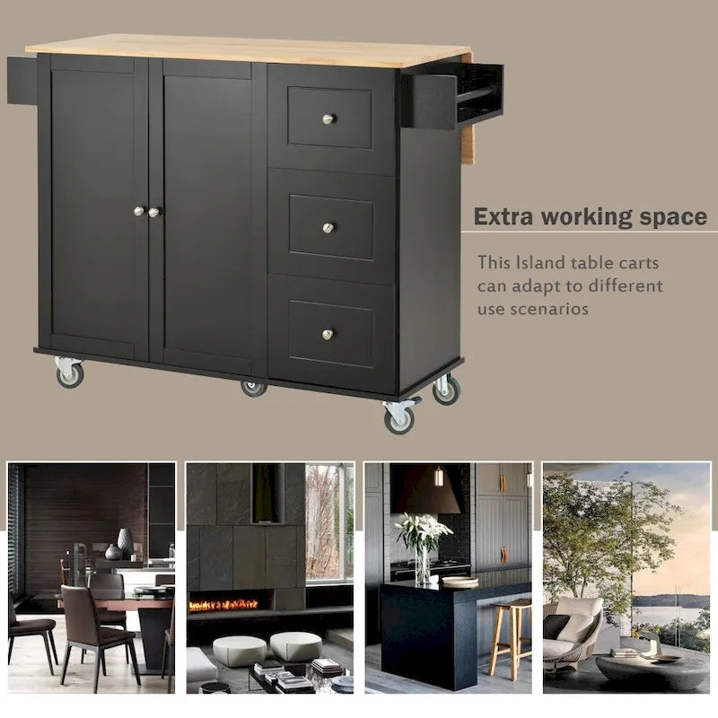 Rolling Kitchen Island with Drop Leaf Breakfast Bar Solid Wood Top 3 Drawers and Spice Rack