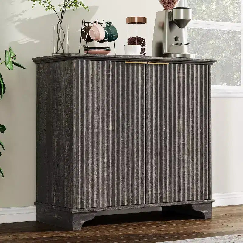 Acekool Farmhouse Buffet Cabinet  Fluted Doors & Adjustable Shelves for Kitchen, Dining, and Living Room (Natural Oak)