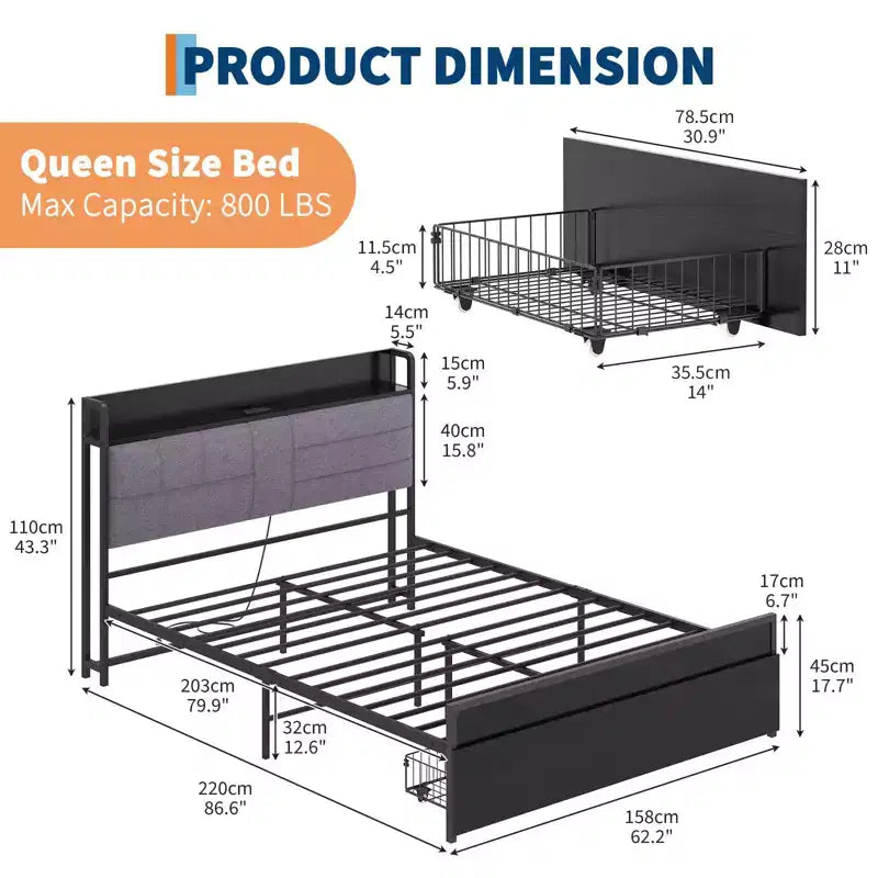 Queen Bed Frame with Shelf Headboard, Heavy Duty Bed Frame with Storage, Bed Frames with 2 Drawers