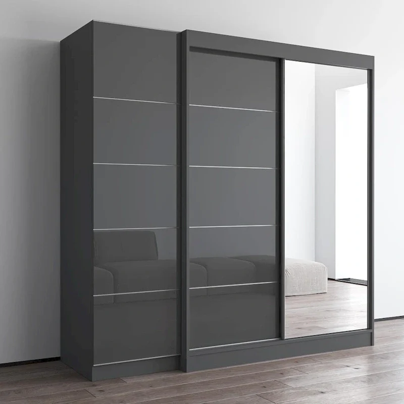 2-Door Wardrobe with Mirror, Glass Front, 2-Person (Gray / Black / White)
