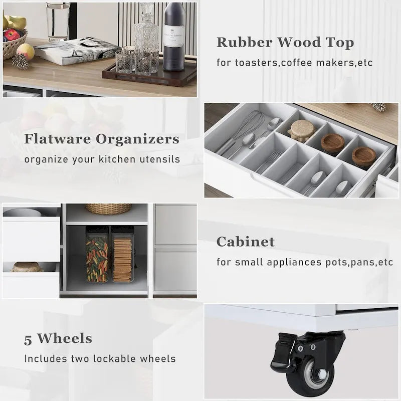 Rolling Kitchen Island Cart with 8 Handle-Free Drawers Rubberwood Top and Spice Rack