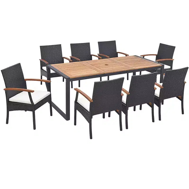 Costway 9 Pieces Patio Rattan Dining Set with Acacia Wood Table, 1.9 Umbrella Hole