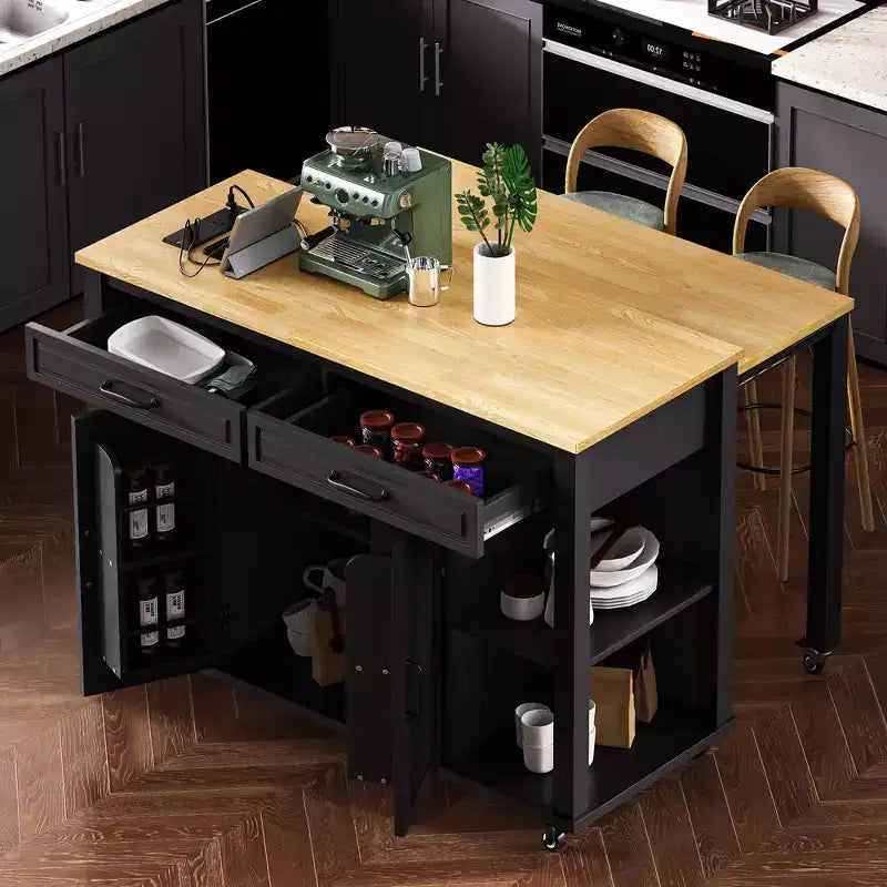 GDFStudio Yannic 47 Kitchen Island with Extendable Dining Table, Power Outlet and Wheels