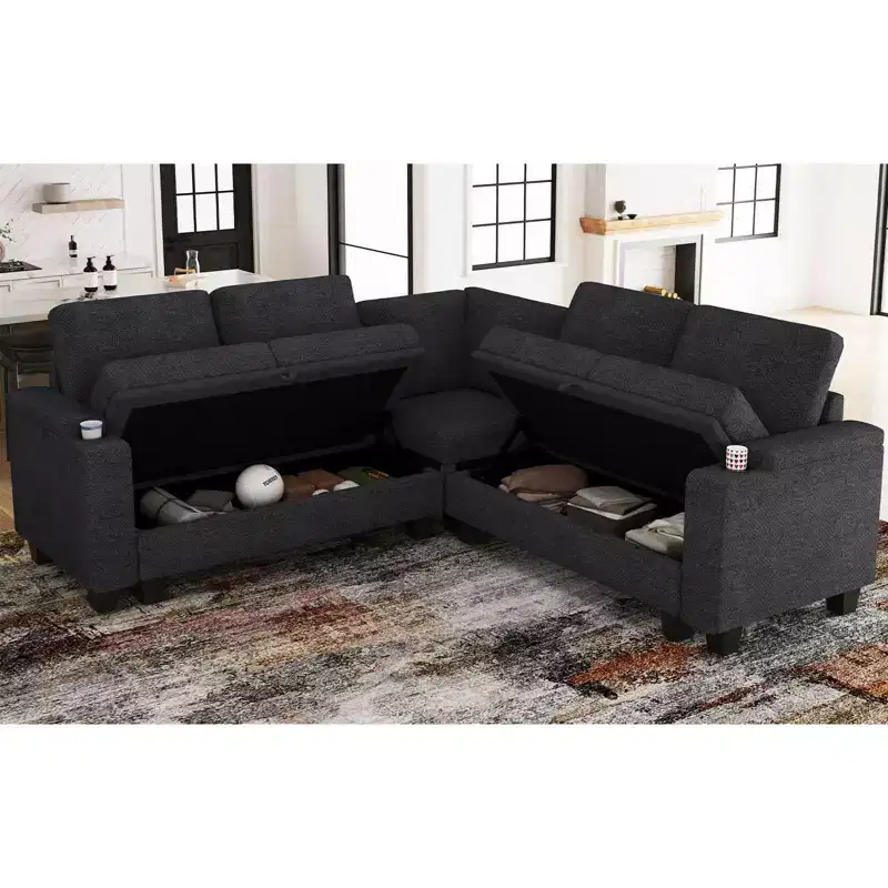 Belffin L-Shaped Fabric Sectional Couch - Modular Design with Hidden Storage & Removable Cup Holder
