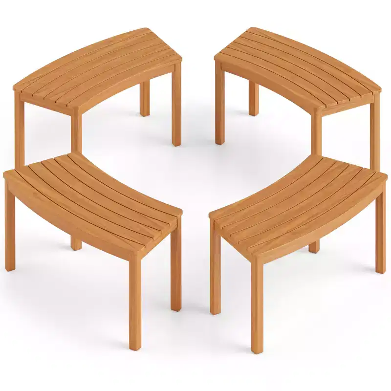 Costway Outdoor Curved Acacia Wood Bench Set of 4 Patio Garden Backless Fire Pit Bench