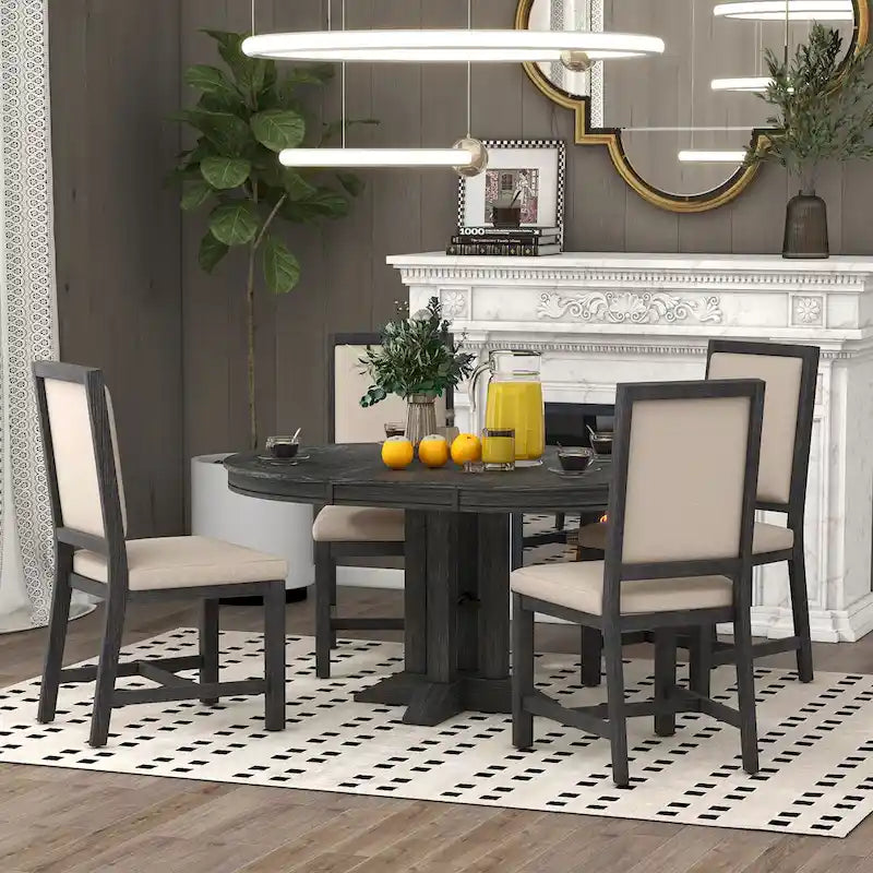Black Wooden Dining Table with Extendable Round Table & 4 Chairs