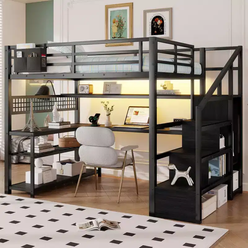 Whisen Full Size Metal Loft Bed & Bed Frame with Staircase and Wardrobe, Desk, Storage Shelves