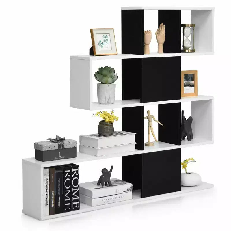 5-Tier Bookshelf Corner Ladder Bookcase Display Storage Rack Black White