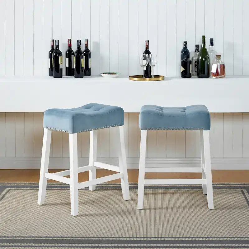Roundhill Furniture Morovo Set of 2 Velvet Counter Height Stools with Tufted Saddle Seats, White-Wash Finish
