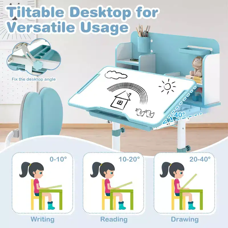 Costway Kids Study Desk & Chair Set with Tilt Desktop, Pen Holder & Tray, Reading Stand Blue/Gray