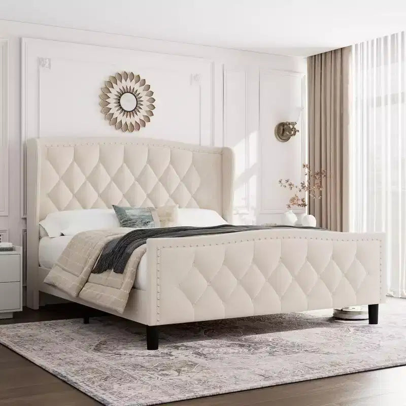 Velvet Upholstered Platform Bed – Full Size with Wingback Headboard