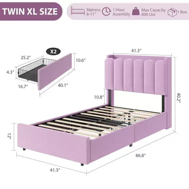 Upholstered Bed Frame with Storage Headboard, Platform Bed with Drawers and Bookcase, No Box Spring Needed