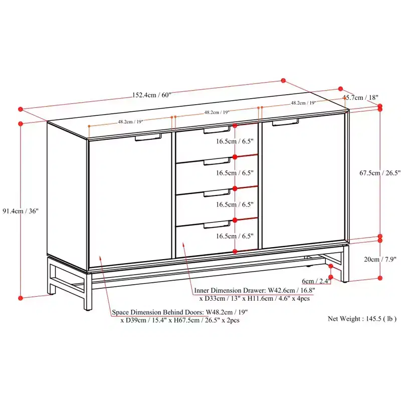 Devlin and Metal 60 inch Wide Rectangle Industrial Sideboard with Centre Drawers in Oak Veneer