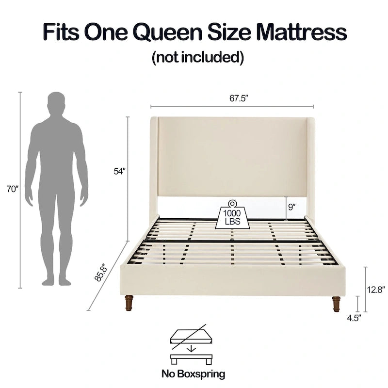 Tall Wingback Boucle Upholstered Bed Frame with Wooden Slat Base