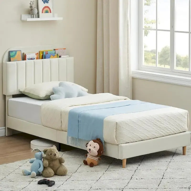 Twin Size Velvet Platform Bed Frame with Bookcase Headboard