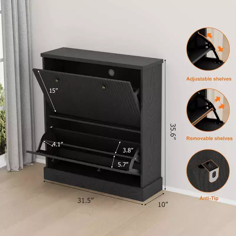Shoe Cabinet with 2 Flip Drawers, Hidden Wooden Fluted Shoe Cabinet with Adjustable Shelf, Freestanding Shoe Storage Cabinet for Entryway Hallway