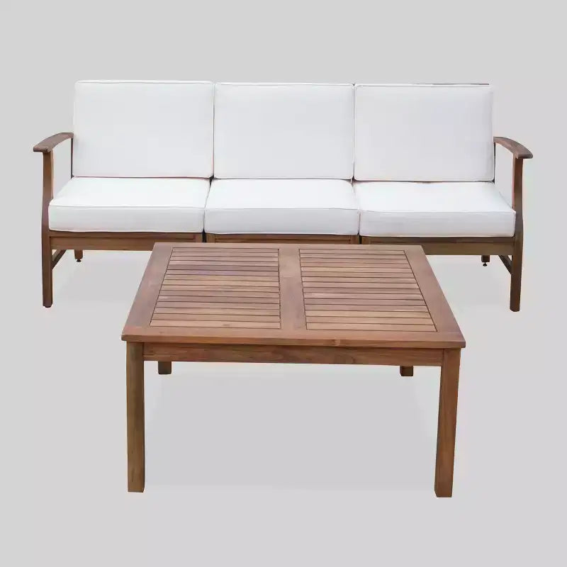 Perla 4pc Acacia Wood Sectional Sofa Set Teak/Cream - Christopher Knight Home: Weather-Resistant Outdoor Seating
