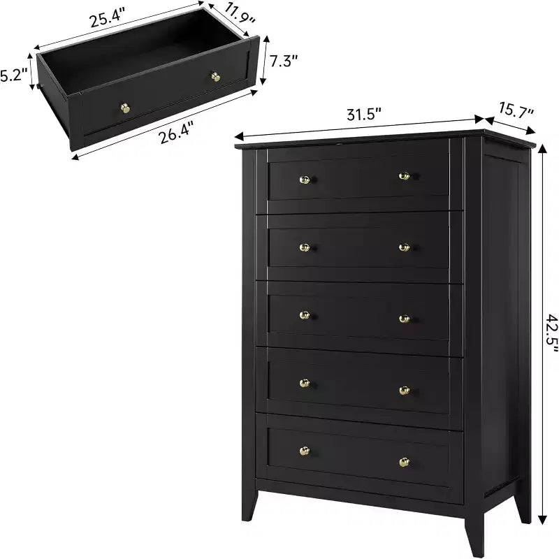 GustoWave Wood Five-Drawer Dresser With Deep Drawers And Metal Knobs